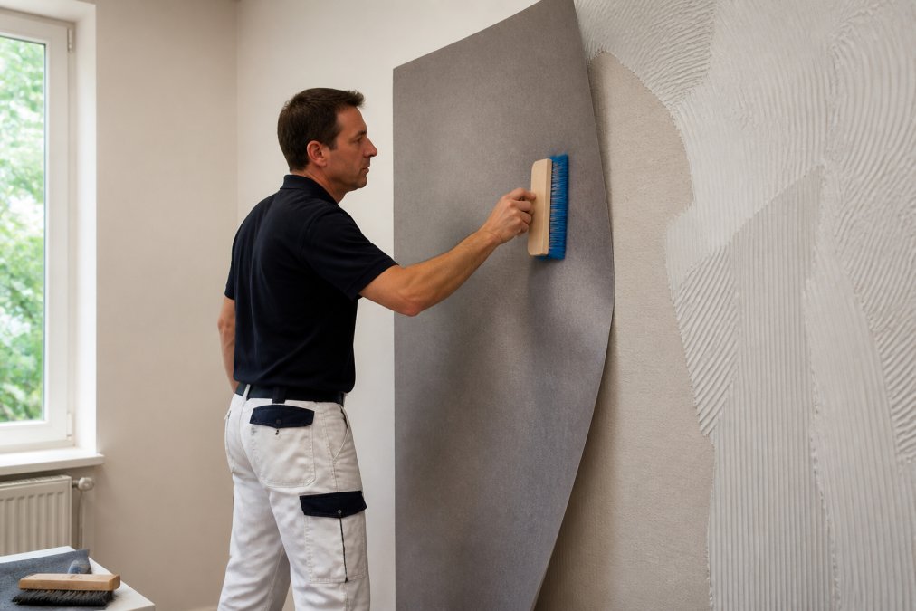 Professional decorator smoothing ferrous wallcovering onto a prepared wall using a brush, with adhesive visible and proper installation technique demonstrated in natural lighting