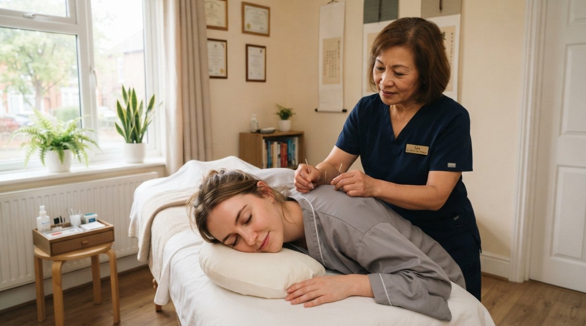 A calm treatment room with an acupuncturist gently placing fine needles into a relaxed patient's shoulder, soft natural light, clean clinical setting