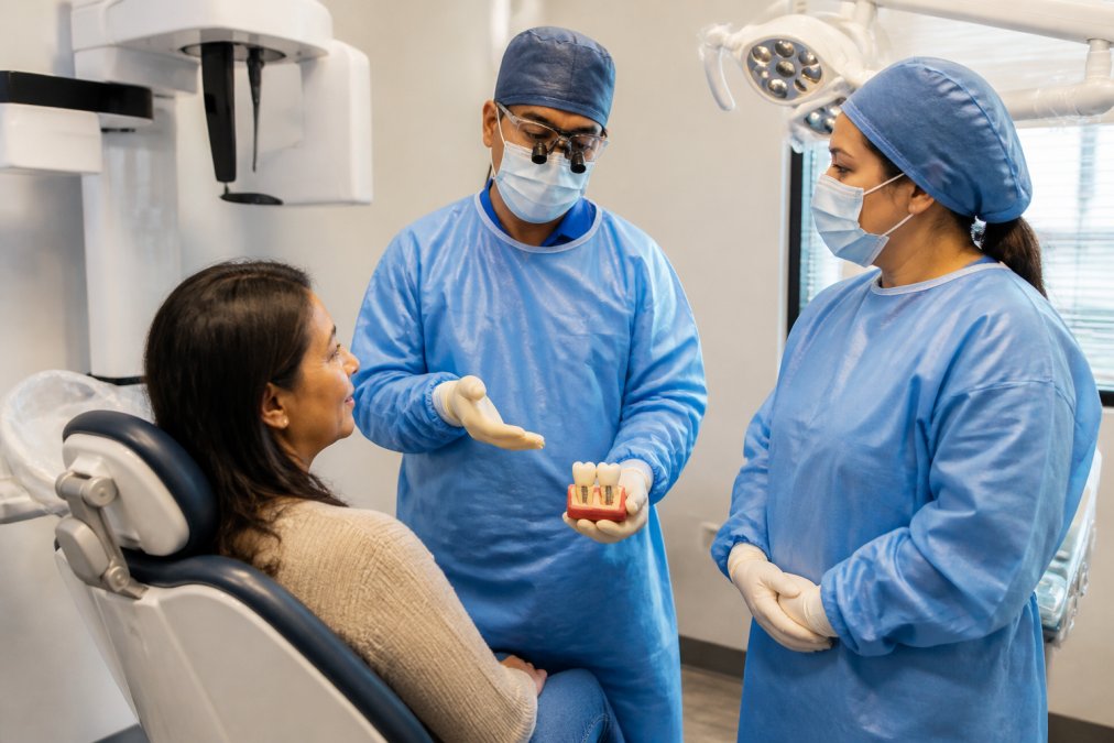 Professional dental team in surgical attire consulting with patient in modern treatment room with advanced imaging technology visible, showing clinical environment for implant procedures