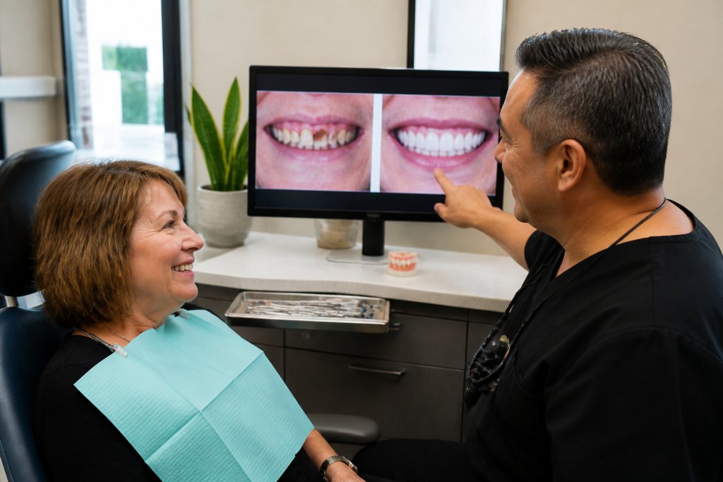 Patient smiling in dental chair while dentist points to before-and-after smile restoration photos on monitor, showing results of dental implant work