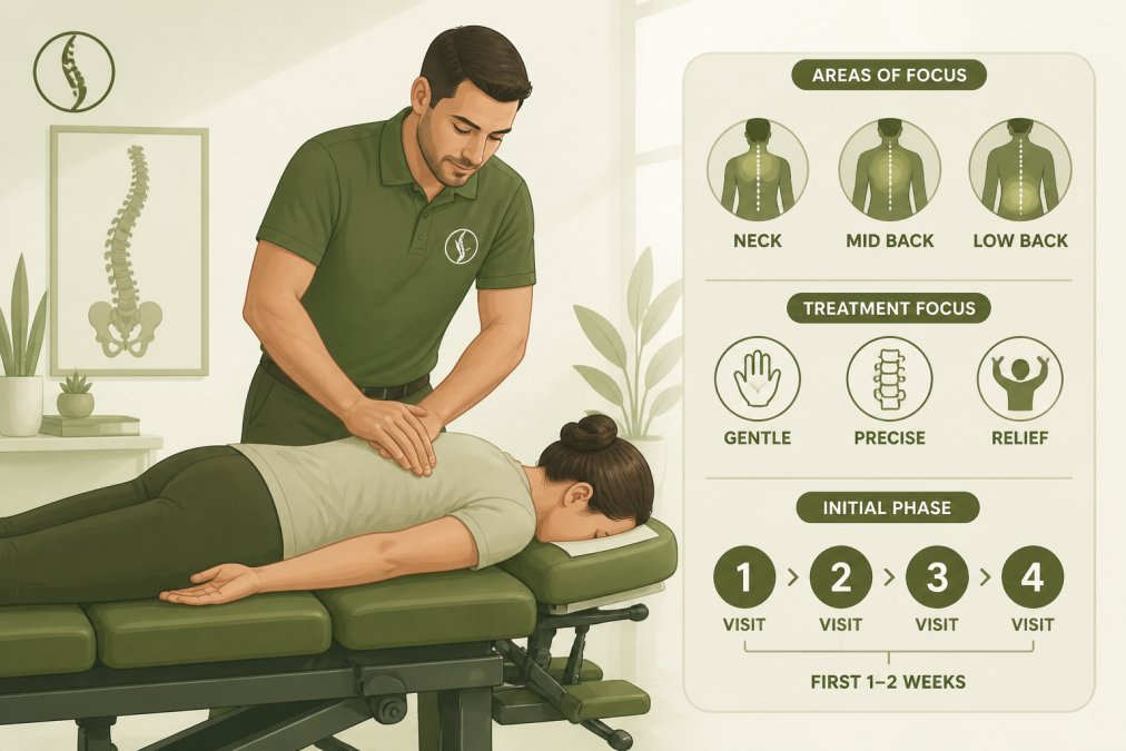 Chiropractor performing a gentle spinal adjustment on a patient lying face-down on a treatment table in a calm, professional clinic setting with soft lighting