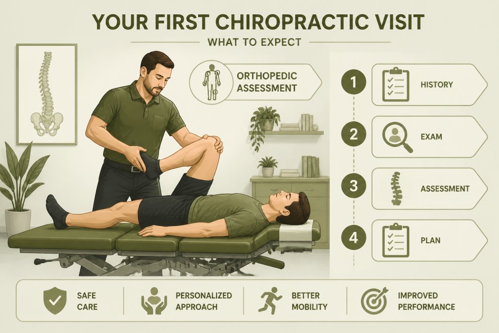 Chiropractor performing orthopedic assessment on patient lying on examination table in professional clinic setting with soft lighting and anatomical spine model visible on wall