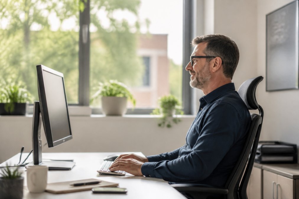 Middle-aged office worker sitting at desk with improved posture, appearing comfortable and relieved while working at computer in bright, ergonomic workspace