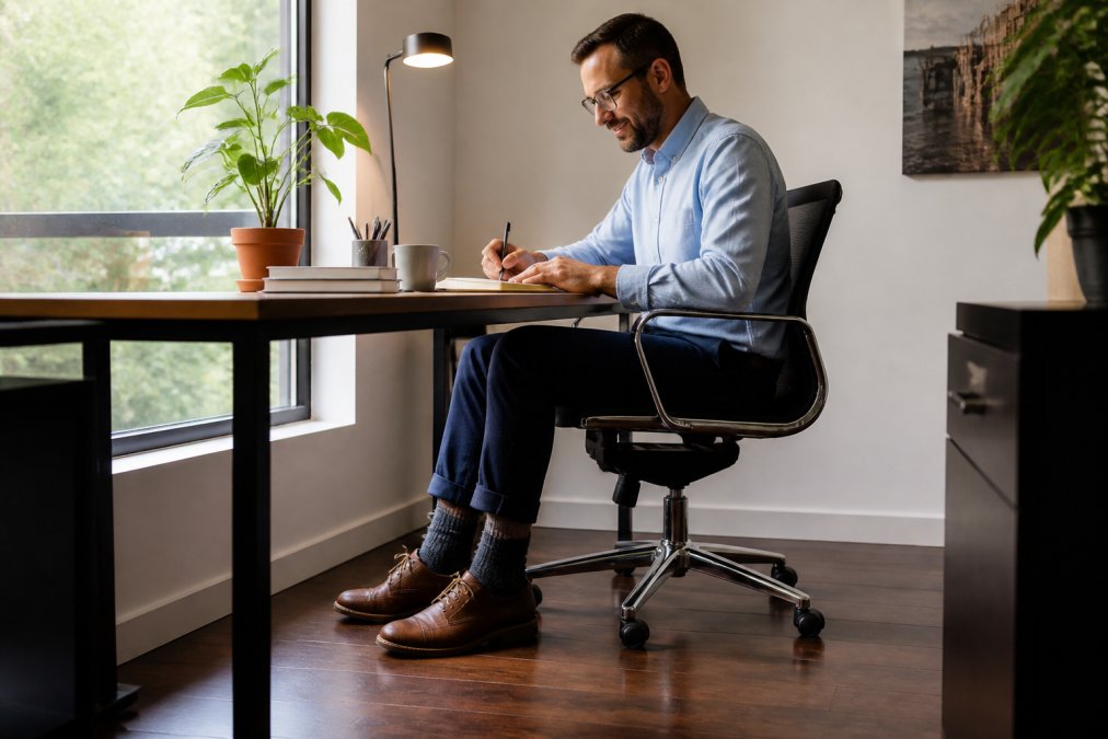 Office worker sitting at ergonomic desk wearing alpaca socks visible above shoe line, natural window lighting in modern workspace