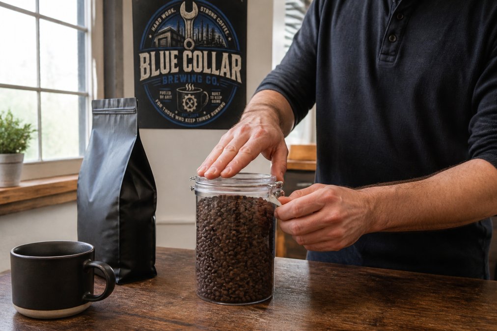 A close-up of a worker's hands sealing an airtight coffee container on a kitchen counter, with a bag of whole bean coffee and a mug nearby in natural morning light