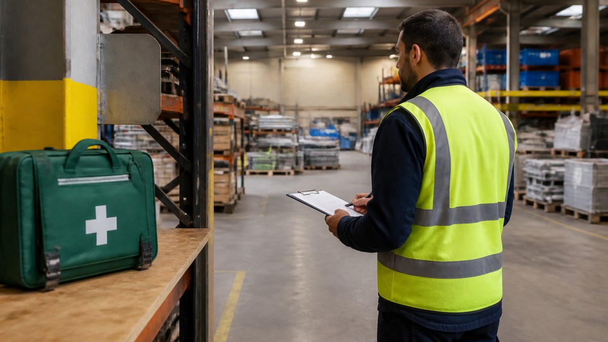 A health and safety manager in a high-visibility vest walking through a warehouse floor with a clipboard, checking first aid kit locations and noting hazards under industrial lighting