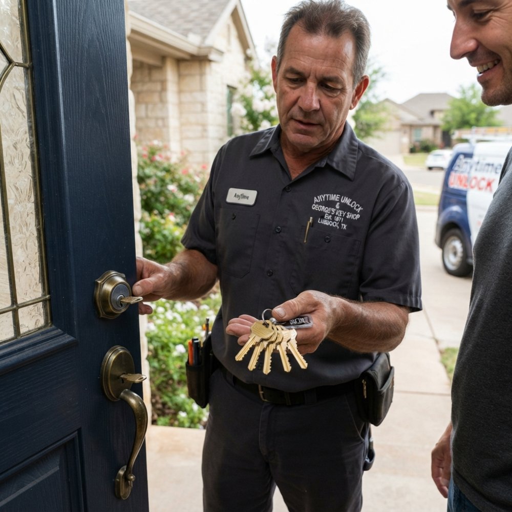 Professional locksmith holding multiple newly cut keys next to a residential door lock, showing the keys and lock cylinder in detail