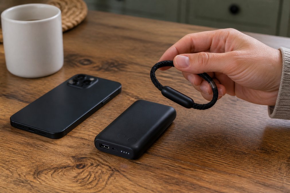 Comparison chart showing power bank capacity and weight next to a charging bracelet and a smartphone on a table