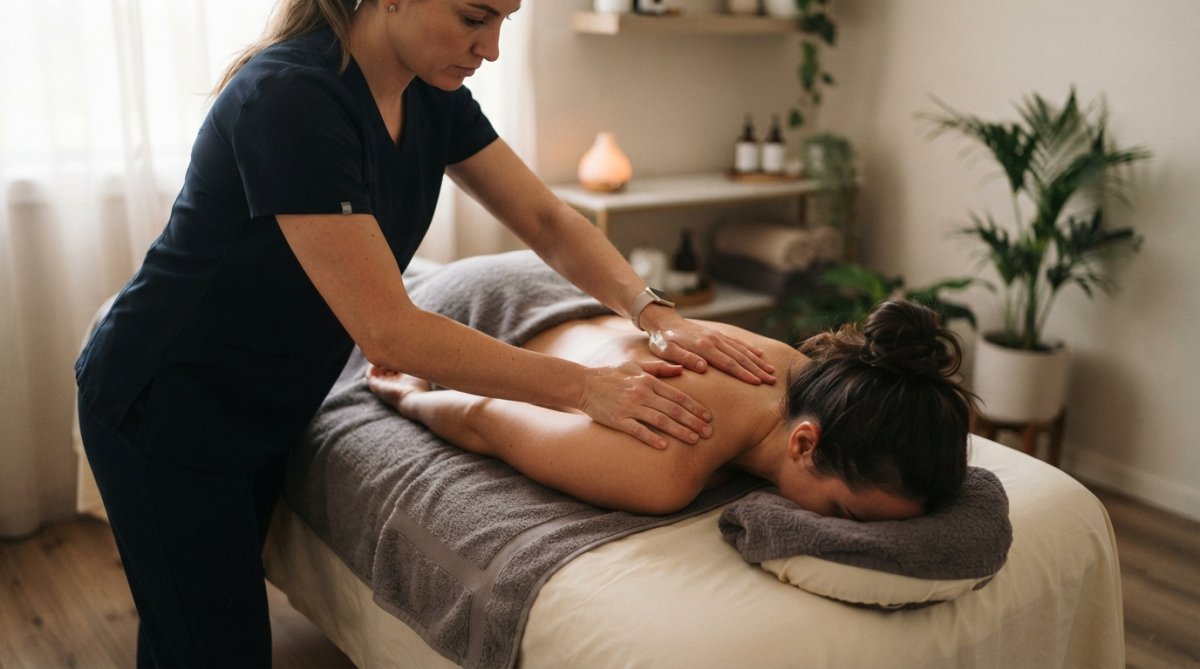 A massage therapist's hands applying gentle pressure to a client's upper back during a remedial massage session in a calm, softly lit treatment room with neutral tones and a folded towel nearby