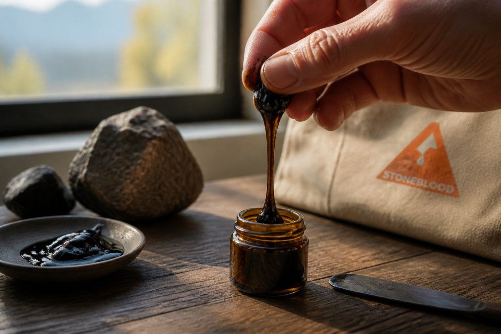 Dark glossy shilajit resin stretched between fingers above an amber jar to show how many minerals does shilajit have