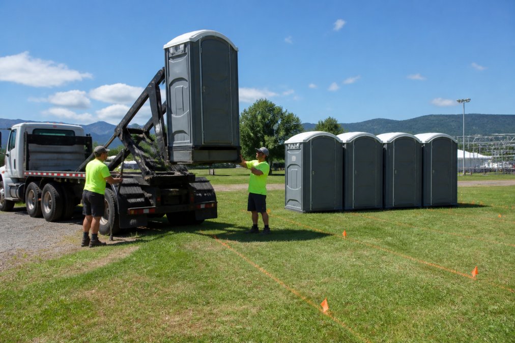 Delivery truck with hydraulic lift lowering a portable restroom unit onto prepared ground at an event site, with workers guiding placement and checking ground level with proper spacing visible between units