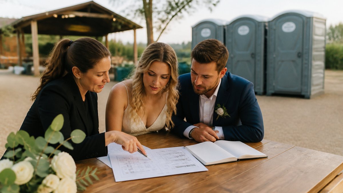 A wedding planner and a couple reviewing a seating chart and a notebook on a wooden table at an outdoor venue, with portable restrooms visible in the soft-focus background