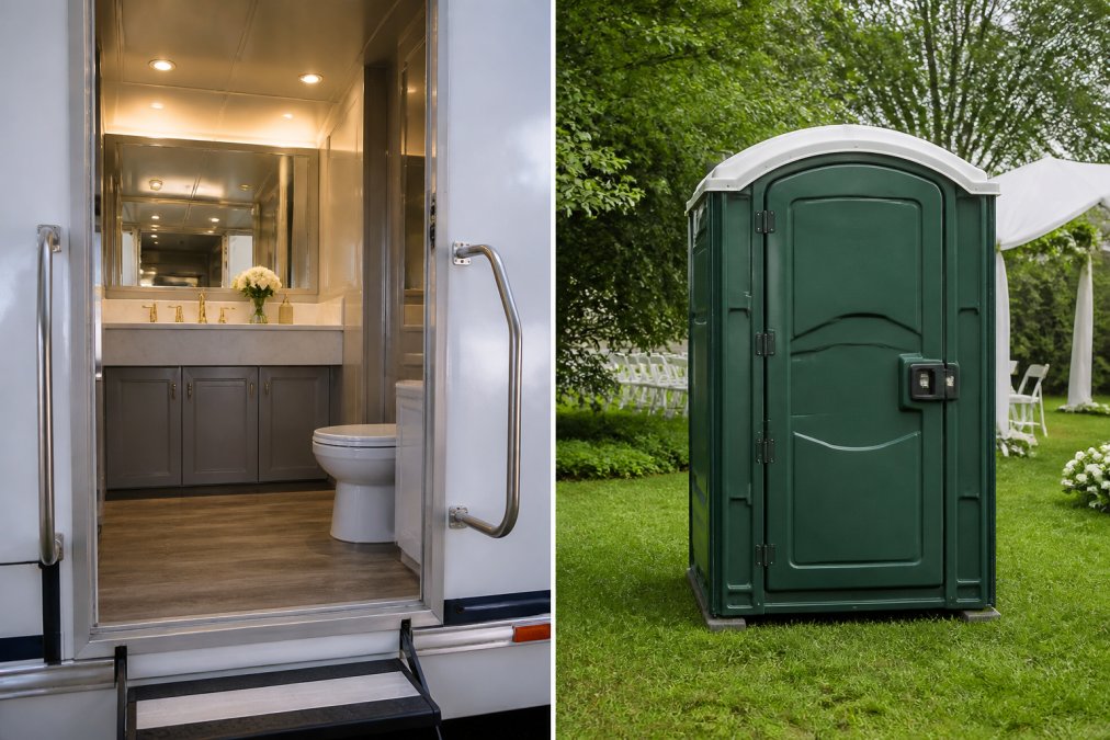 Interior of a luxury climate-controlled restroom trailer with porcelain fixtures, vanity with running water, LED lighting, and elegant finishes, contrasted with the exterior of a standard portable toilet in an outdoor wedding setting