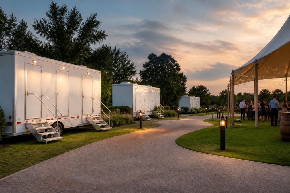 Outdoor wedding venue with multiple restroom trailers strategically placed near guest areas, showing accessible pathways, professional setup with lighting, and clear sight lines from main reception area