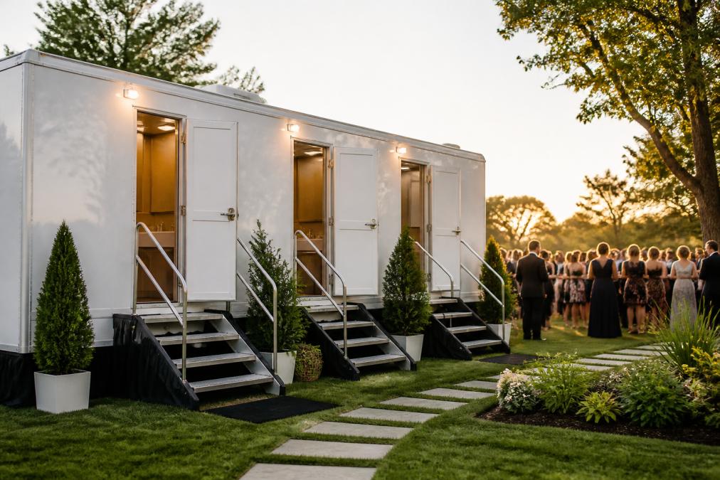 Luxury climate-controlled restroom trailer set up at an outdoor wedding venue with manicured grounds, well-lit entrance with professional signage, and guests in formal attire visible in the background during golden hour