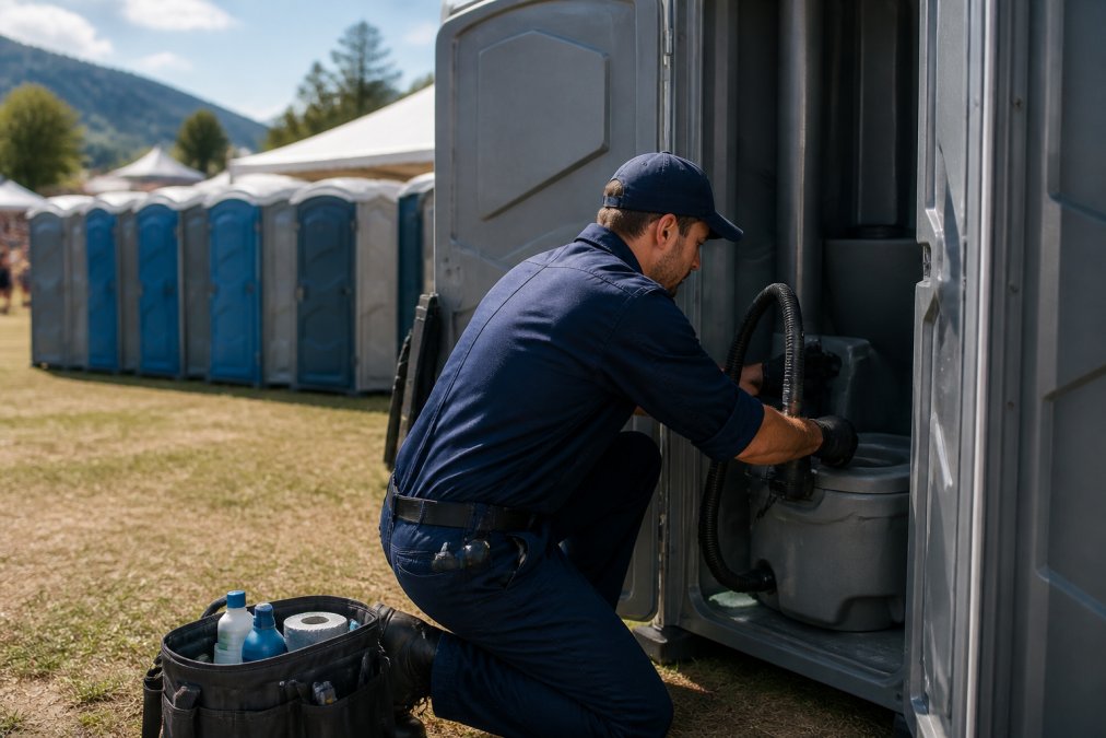 Professional maintenance technician in uniform servicing a portable restroom unit at an outdoor event venue, using specialized equipment and supplies, with portable toilets visible in background and sunny afternoon lighting