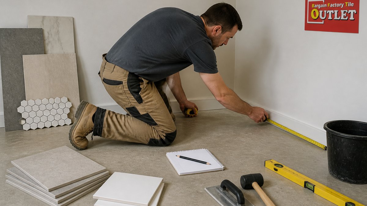 A person kneeling on a bare concrete floor holding a retractable tape measure against a skirting board, with a notepad and pencil resting nearby. Illustrative scene, not a real customer project