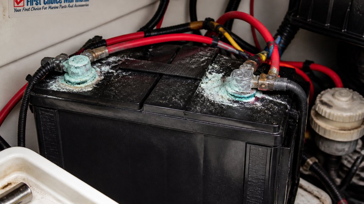 Close-up of corroded battery terminals with white and blue-green corrosion buildup on a marine battery mounted in a boat engine compartment