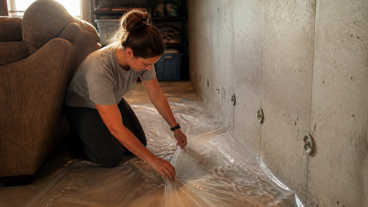 A homeowner laying plastic sheeting and moving furniture against the wall of a finished basement, with injection ports visible along the concrete wall behind them
