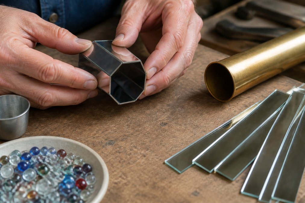 Close-up of hands assembling a glass kaleidoscope mirror cell on a wooden workbench, with strips of front-surface mirror, a brass tube, and small glass beads nearby