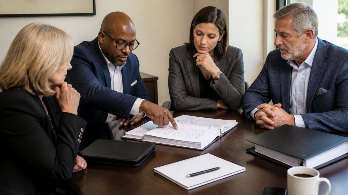 A board committee of real estate professionals seated around a conference table reviewing compliance documents, with one member pointing at a printed policy binder