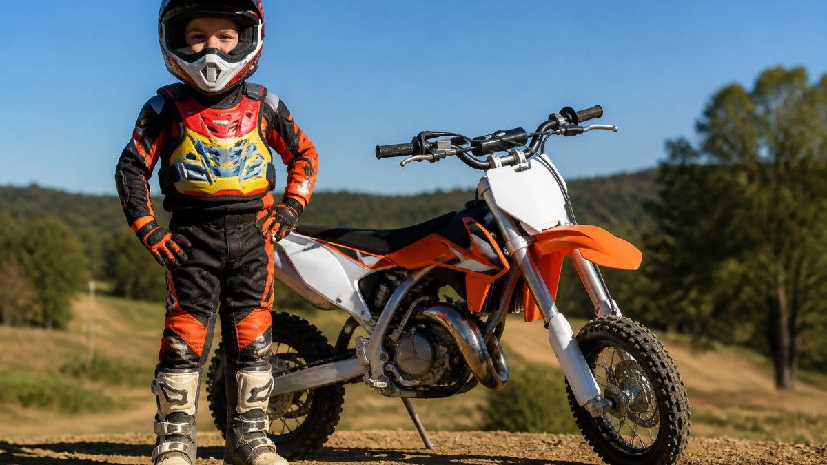 Young child wearing full protective gear including DOT-approved helmet, colorful chest protector, padded gloves, and riding boots standing confidently next to a 50cc dirt bike in a sunny outdoor setting