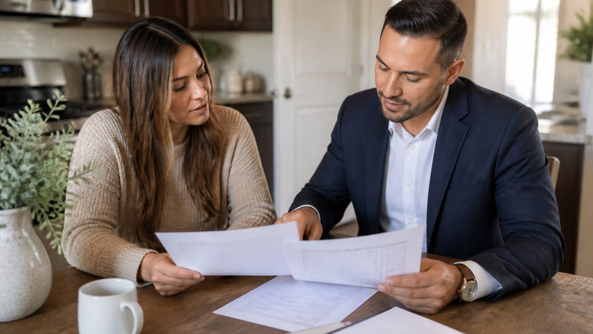 Homebuyer and agent reviewing a loan estimate to verify closing costs at a kitchen table