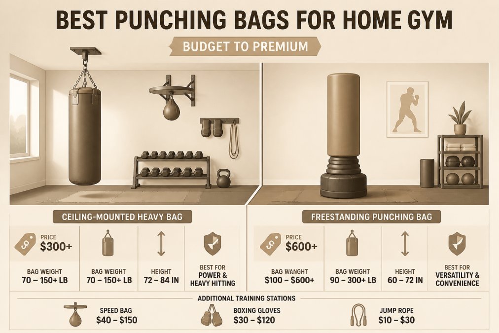 Home gym setup with a hanging heavy bag mounted from ceiling and a freestanding punching bag positioned side by side on padded floor, showing different training stations with speed bag and heavy bag equipment in residential training space