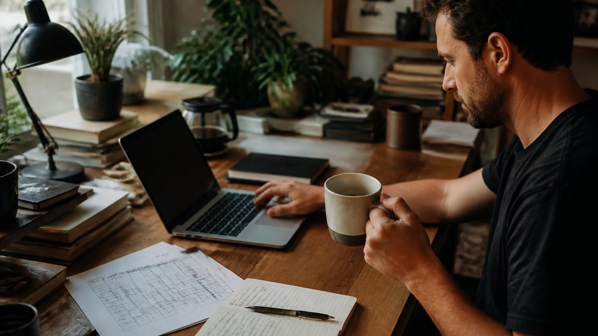 Founder working at a cluttered desk with coffee, utilizing caffeine for founders to power through a long day.