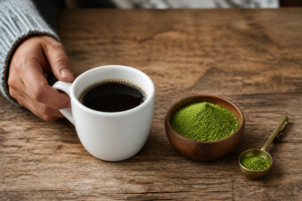 A person holding a white ceramic mug of coffee next to a small wooden bowl filled with vibrant green matcha powder, a measuring spoon resting beside it on a rustic table