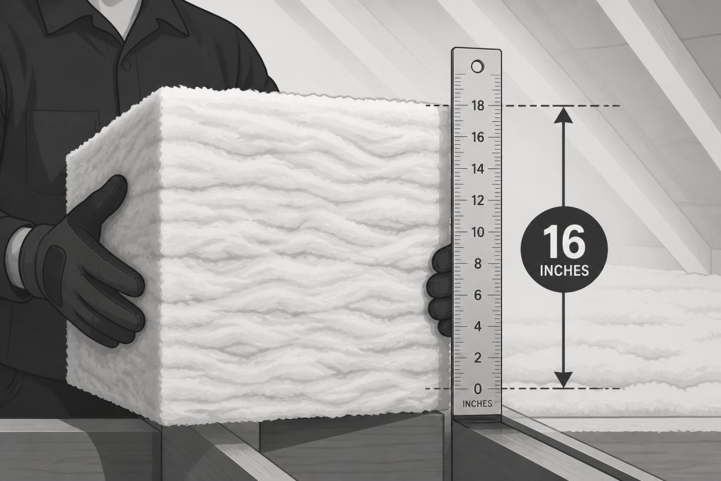 Technician holding a thick sample of fiberglass attic insulation material, showing the layered texture and depth, with a metal measuring ruler positioned alongside to demonstrate thickness
