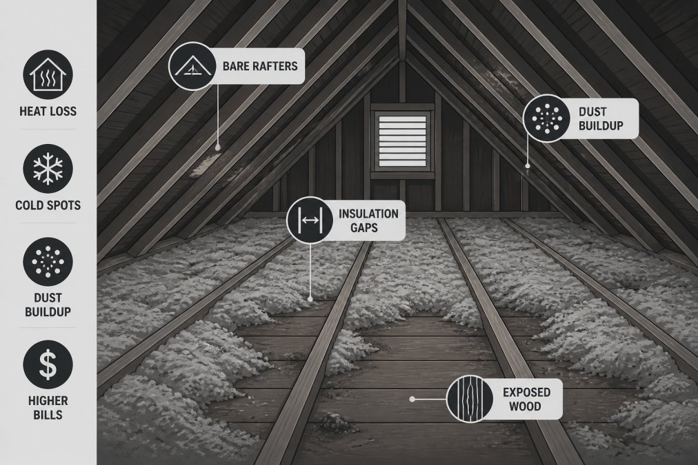 Interior view of an attic with visibly sparse, deteriorated insulation showing significant gaps between rafters, bare wood framing visible in multiple spots, and dust accumulation indicating poor thermal envelope coverage