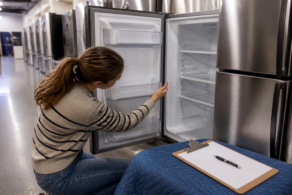Shopper inspecting a stainless steel refrigerator for open box savings in a retail showroom