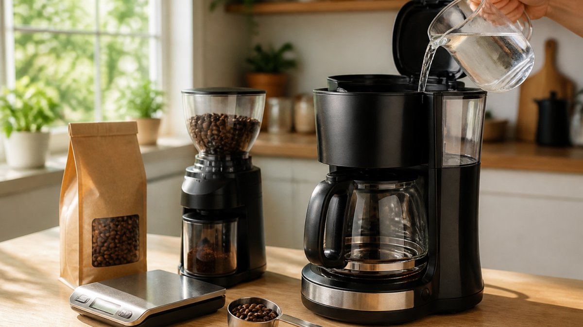 A kitchen counter with a digital scale, a bag of whole bean coffee, a burr grinder, and a 12-cup drip coffee maker with a glass carafe. The 1:16 standard comes from the Specialty Coffee Association, whose [brewing standards and gold cup guidelines