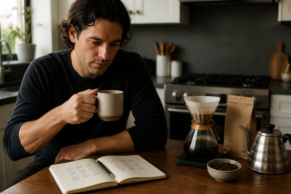 A person holding a ceramic coffee mug while looking at a notebook with tally marks, sitting at a kitchen table with a pour-over setup and a bag of coffee beans nearby