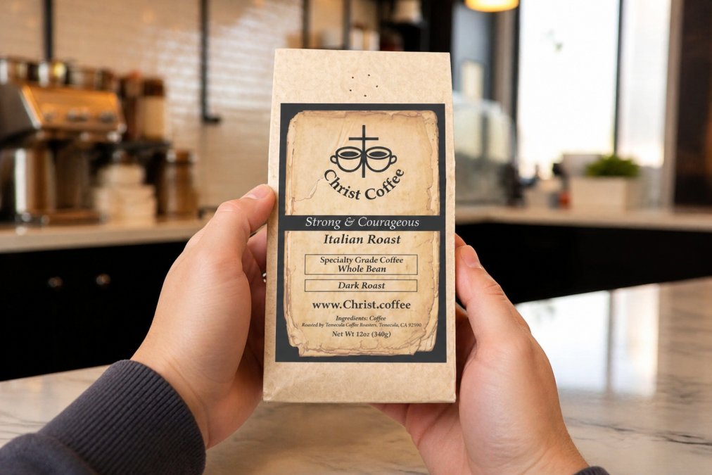 Close-up of hands holding a specialty coffee bag with transparent labeling showing donation information and sourcing details clearly printed on packaging