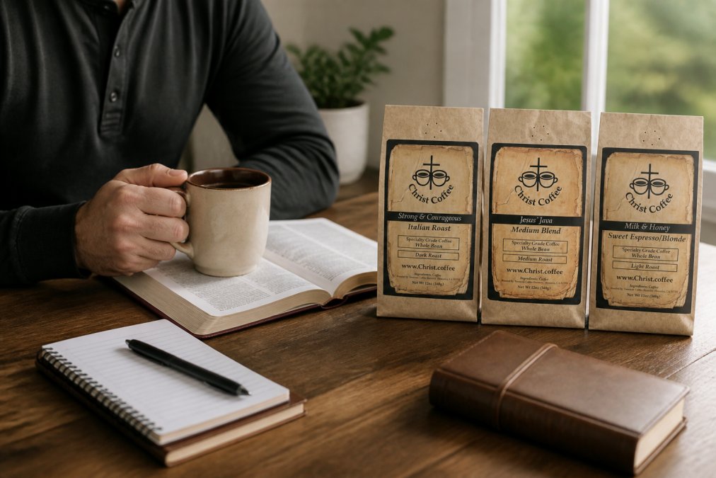 A faith-driven individual enjoying morning coffee at home with a Bible and devotional nearby on a wooden table, representing purposeful daily rituals and spiritual intention