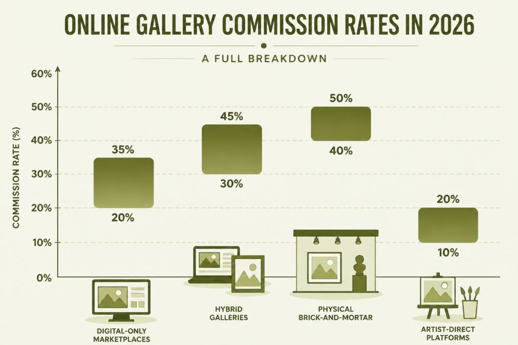 Bar chart comparing commission percentage ranges across four distinct online and physical gallery business models