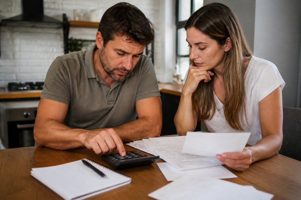 A couple sitting at a kitchen table reviewing bills and a calculator, with a notebook and pen nearby, discussing finances in a warm home setting