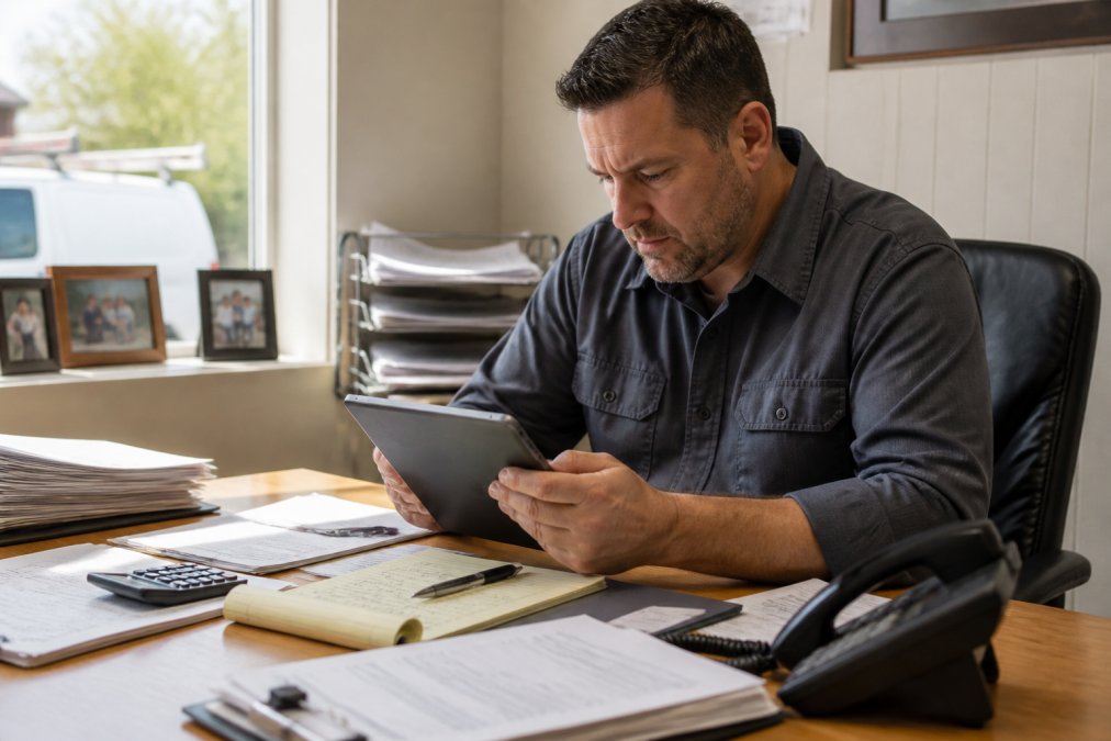 A small business owner in a home services office reviewing a tablet with pricing data, phone on desk, natural light coming through window