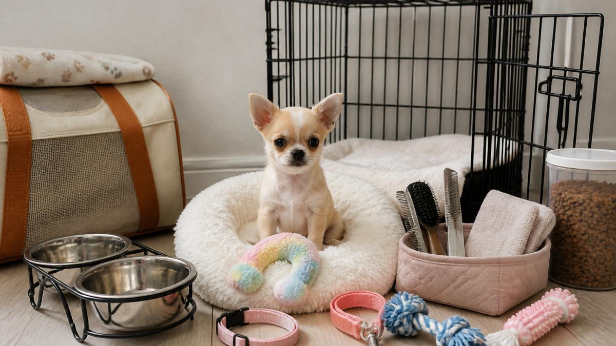 A small Chihuahua puppy sitting among essential supplies like bowls, a crate, and toys before you learn how much do