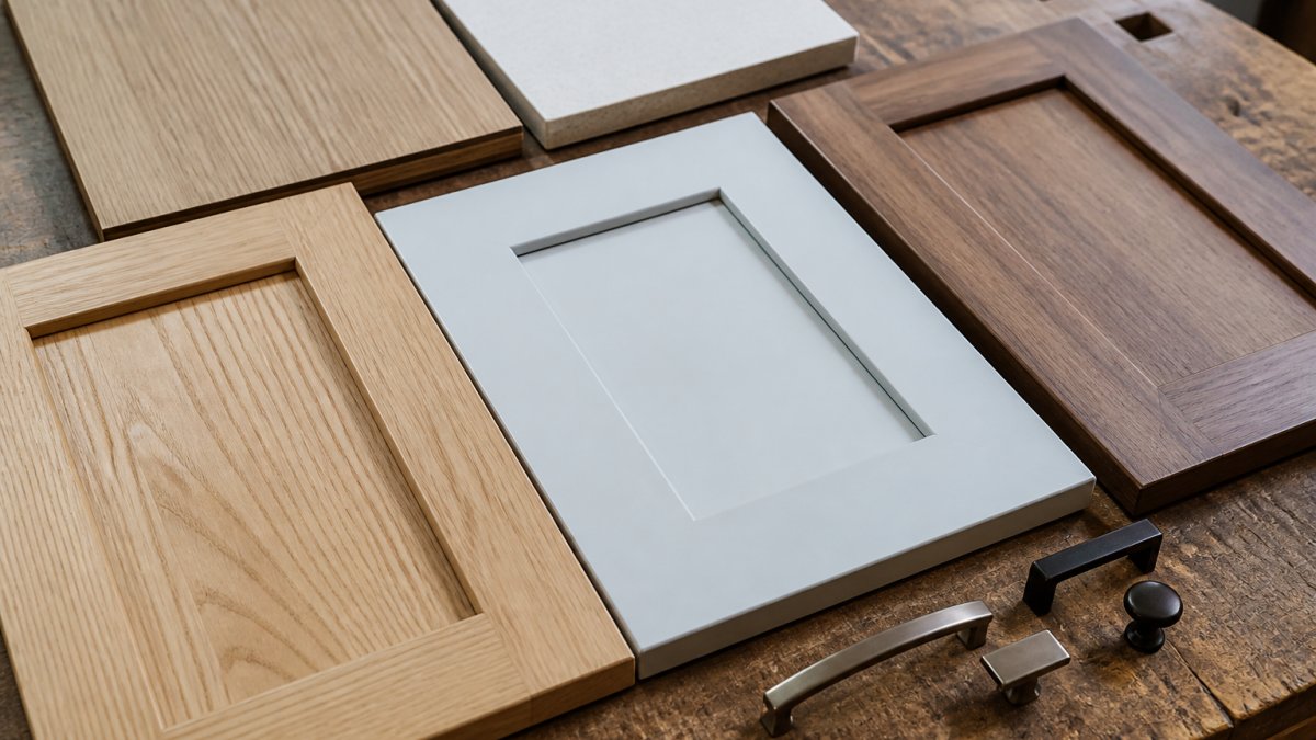 Diagram comparing the quality and cost factors of natural wood, laminate, and veneer cabinet materials.