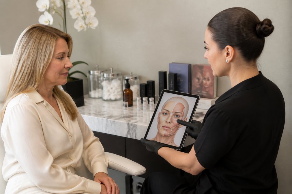 Aesthetic provider explaining the lip filler cost process using a facial anatomy chart on a tablet in a med spa