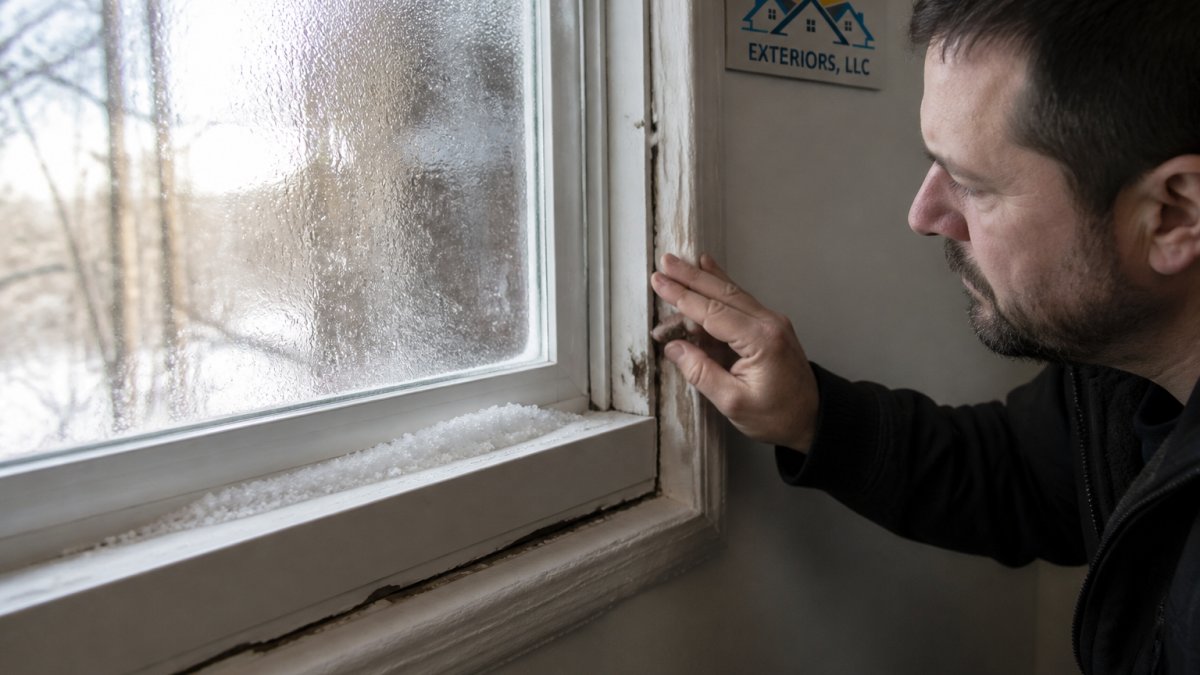 Close-up of homeowner inspecting an older window frame showing visible condensation on the glass, frost forming on the interior sill, and visible gaps around the frame trim in a dimly lit room with winter light
