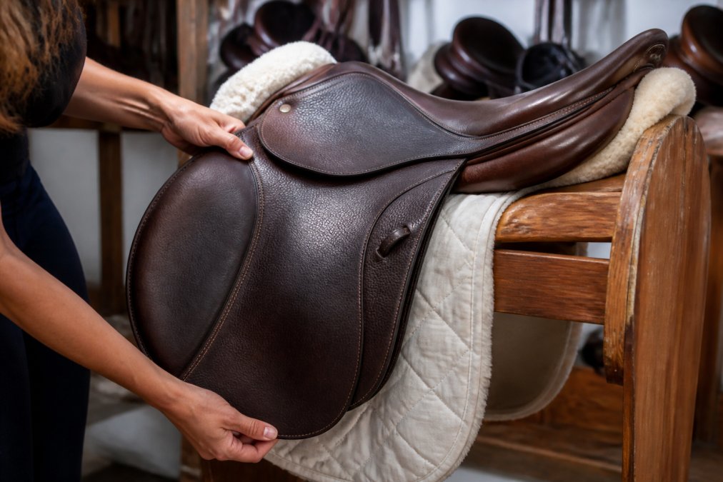 Rider inspecting the full grain leather flap of high-quality jumping saddles in a tack room