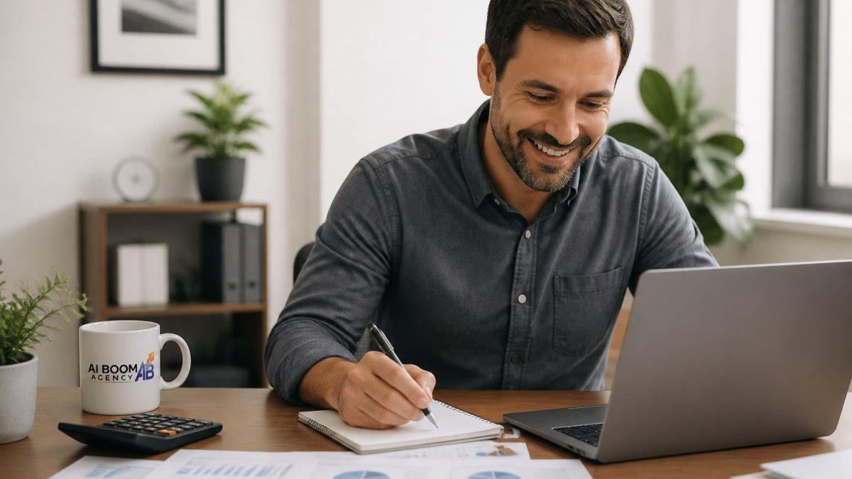 Small business owner checking chatbot analytics on a laptop to evaluate cost efficiency in a modern office.