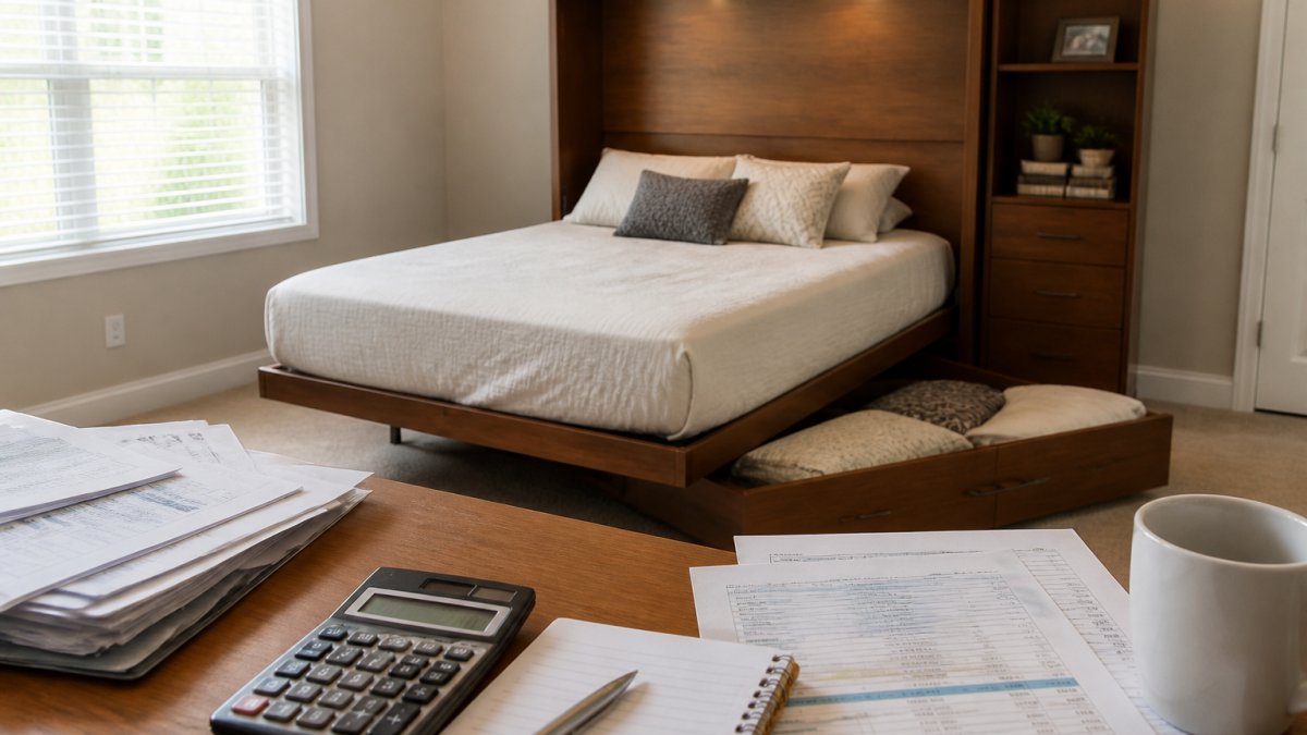 A queen-size Murphy cabinet bed with a memory foam mattress and storage drawer open in a bright spare bedroom