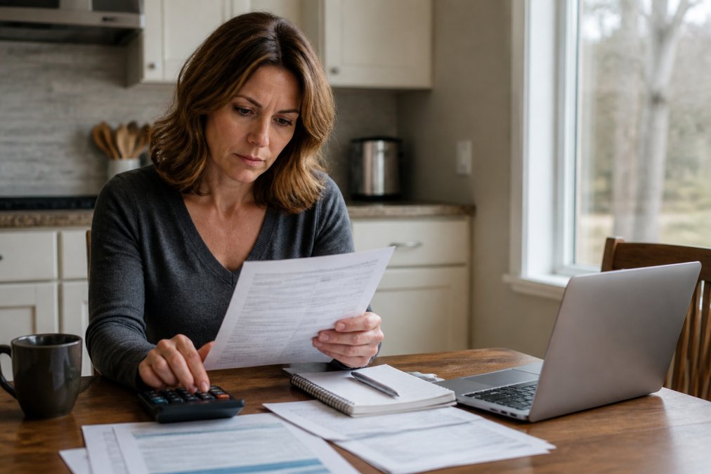 A woman in her forties reviewing legal documents and a calculator at a kitchen table, laptop open and coffee mug nearby, soft morning light through a window