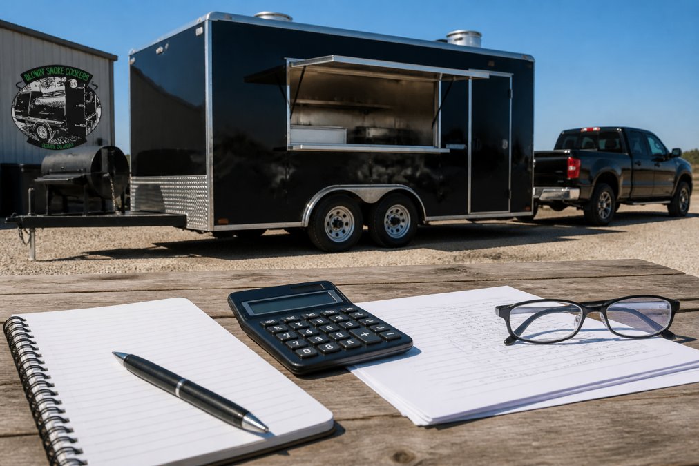 A shiny new black food trailer parked on a gravel lot with a large service window open, stainless steel counters visible inside, and a tow vehicle attached, under a clear blue sky