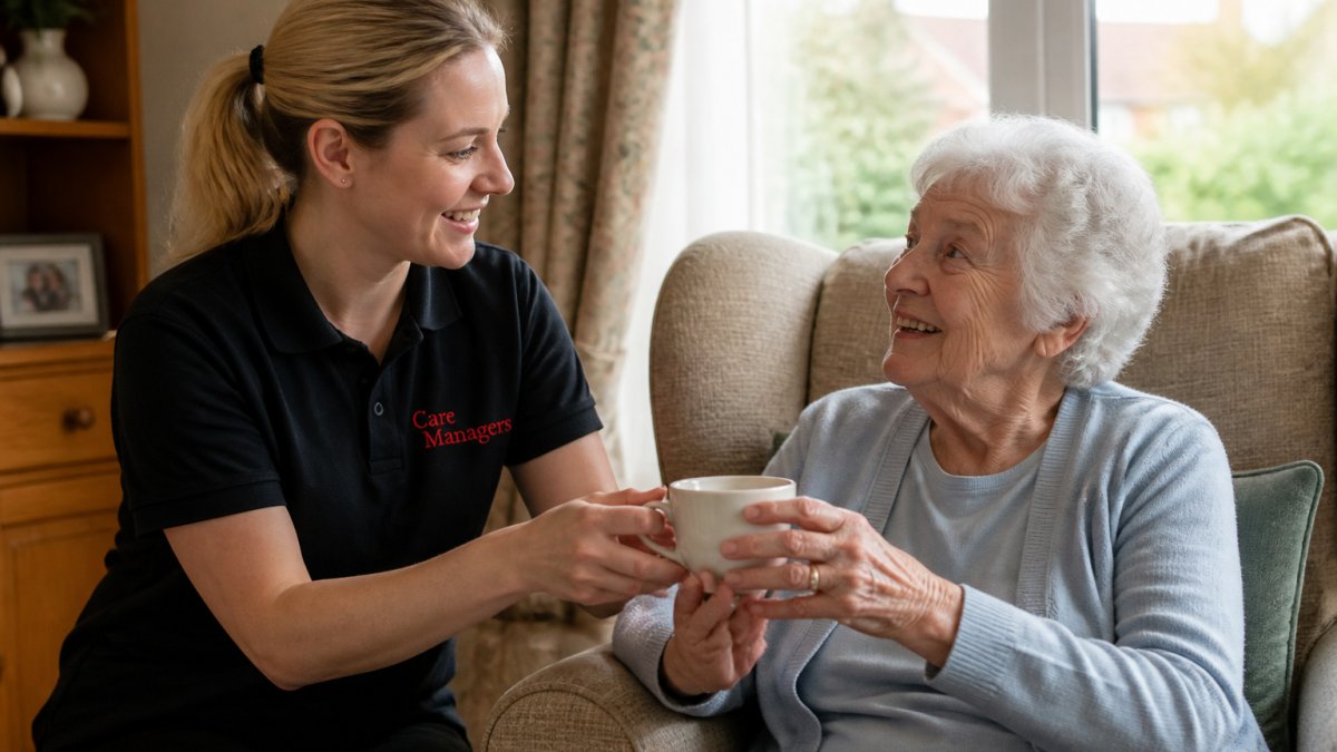 A home carer in a comfortable living room helping an older woman with a cup of tea, both smiling, natural light through the window, warm domestic setting
